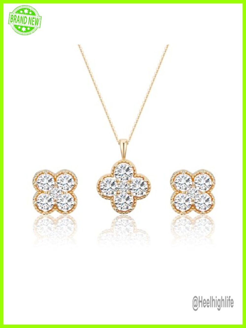 14K Gold Plated Clover Necklace & Stud Earrings Jewelry Set Gift Box
